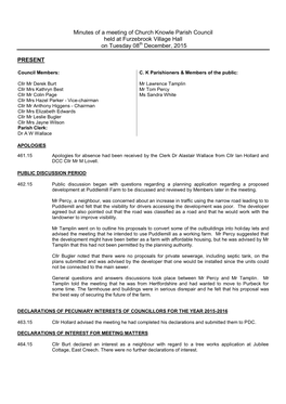 Minutes of a Meeting of Church Knowle Parish Council Held at Furzebrook Village Hall on Tuesday 08Th December, 2015