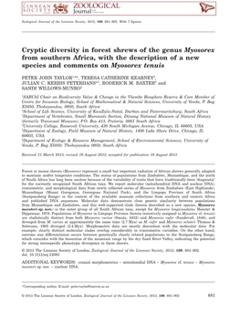 Cryptic Diversity in Forest Shrews of the Genus Myosorex from Southern Africa, with the Description of a New Species and Comments on Myosorex Tenuis