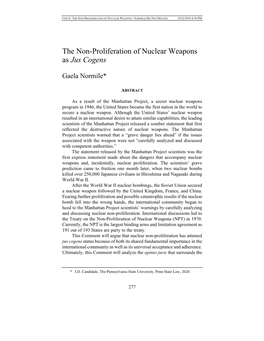 The Non-Proliferation of Nuclear Weapons As Jus Cogens