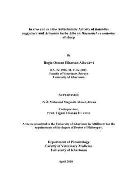 In Vivo and in Vitro Anthelmintic Activity of Balanites Aegyptiaca and Artemisia Herba Alba on Haemonchus Contortus of Sheep