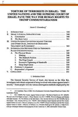 Torture of Terrorists in Israel: the United Nations and the Supreme Court of Israel Pave the Way for Human Rights to Trump Communitarianism