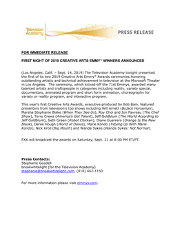 For Immediate Release First Night of 2019 Creative Arts