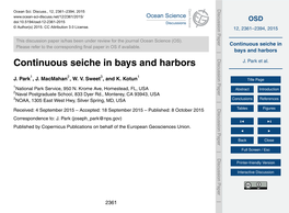 Continuous Seiche in Bays and Harbors J