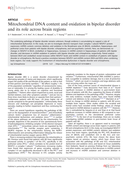 Mitochondrial DNA Content and Oxidation in Bipolar Disorder and Its Role Across Brain Regions