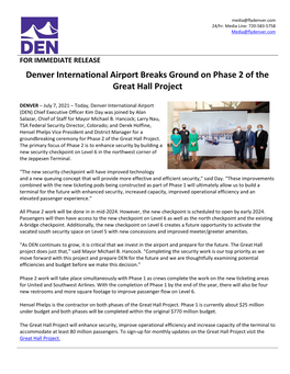 Denver International Airport Breaks Ground on Phase 2 of the Great Hall Project