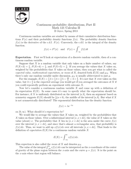 Continuous Probability Distributions, Part II Math 121 Calculus II D Joyce, Spring 2013