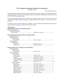 1 CWU Comparative Osteology Collection, List of Specimens