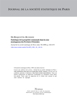 Statistique De La Propriété Communale Dans La Zone Montagneuse Des Pyrénées-Orientales Journal De La Société Statistique De Paris, Tome 50 (1909), P