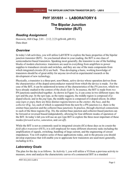 PHY 351/651 – LABORATORY 6 the Bipolar Junction Transistor (BJT)