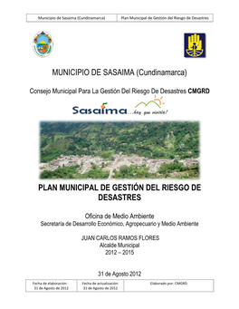 Municipio De Sasaima (Cundinamarca) Plan Municipal De Gestión Del Riesgo De Desastres