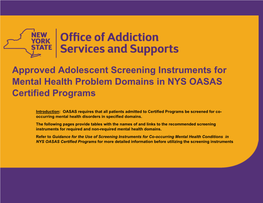 Approved Adolescent Screening Instruments for Mental Health Problem Domains in NYS OASAS Certified Programs