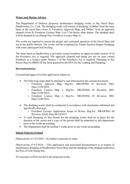 Water and Marine Advisor the Department of Defence Proposes Maintenance Dredging Works at the Naval Base, Haulbowline, Co. Cork