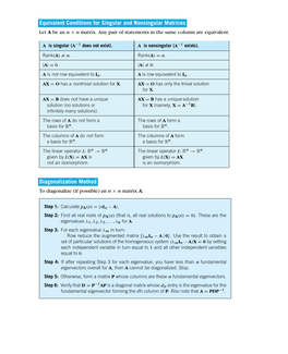 Equivalent Conditions for Singular and Nonsingular Matrices Let a Be an N × N Matrix