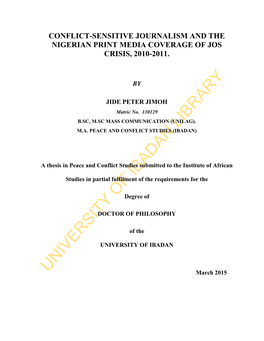 Conflict-Sensitive Journalism and the Nigerian Print Media Coverage of Jos Crisis, 2010-2011