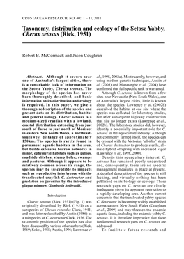 Taxonomy, Distribution and Ecology of the Setose Yabby, Cherax Setosus (Riek, 1951)