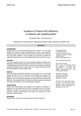 Incidence of Vitamin B12 Deficiency in Patients with Hypothyroidism