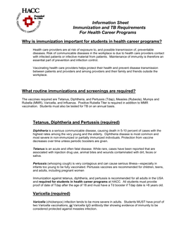 Information Sheet Immunization and TB Requirements for Health Career Programs