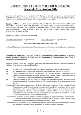 Compte Rendu Du Conseil Municipal De Tonquédec Séance Du 11 Septembre 2014