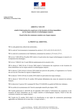 PREFET DES ARDENNES ARRETE N° 2011/195 Relatif À L'information