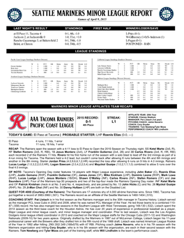 SEATTLE MARINERS MINOR LEAGUE REPORT Games of April 9, 2015