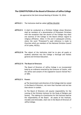 The CONSTITUTION of the Board of Directors of Jaffna College