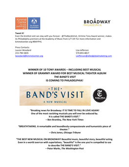 Winner of 10 Tony Awards – Including Best Musical Winner of Grammy Award for Best Musical Theater Album the Band’S Visit Is Coming to Philadelphia!