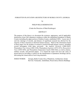 FORGOTTEN PLANTATION ARCHITECTURE of BURKE COUNTY, GEORGIA by PHILIP MILLS HERRINGTON (Under the Direction of Mark Reinberger) A