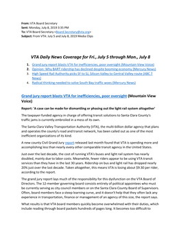VTA Daily News Coverage for Fri., July 5 Through Mon., July 8 1