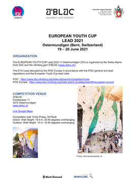 EUROPEAN YOUTH CUP LEAD 2021 Ostermundigen (Bern, Switzerland) 19 – 20 June 2021
