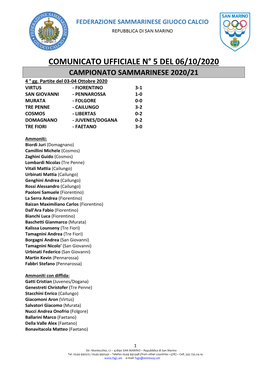 COMUNICATO UFFICIALE N° 5 DEL 06/10/2020 CAMPIONATO SAMMARINESE 2020/21 4 ° Gg