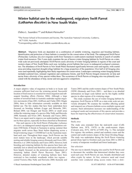 Winter Habitat Use by the Endangered, Migratory Swift Parrot (Lathamus Discolor) in New South Wales