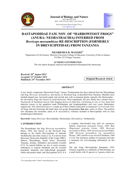 “HARROWFOOT FROGS” (ANURA: NEOBATRACHIA) INFERRED from Breviceps Mossambicus RE-DESCRIPTION (FORMERLY in BREVICIPITIDAE) from TANZANIA