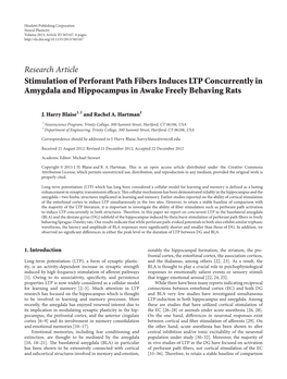 Research Article Stimulation of Perforant Path Fibers Induces LTP Concurrently in Amygdala and Hippocampus in Awake Freely Behaving Rats