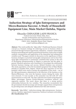 Induction Strategy of Igbo Entrepreneurs and Micro-Business Success