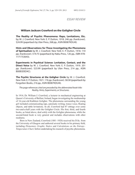 Essay Review: William Jackson Crawford on the Goligher Circle. the Reality of Psychic Phenomena