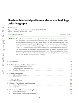 Hard Combinatorial Problems and Minor Embeddings on Lattice Graphs Arxiv:1812.01789V1 [Quant-Ph] 5 Dec 2018