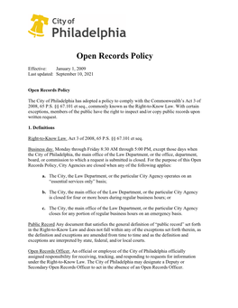 Open Records/Right to Know Policy – City of Philadelphia Law Department