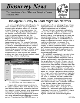 Biosurvey News the Newsletter of the Oklahoma Biological Survey Summer 2007