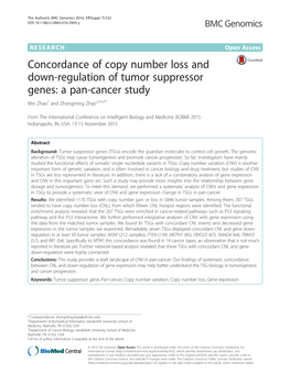Concordance of Copy Number Loss and Down-Regulation of Tumor Suppressor Genes: a Pan-Cancer Study Min Zhao1 and Zhongming Zhao2,3,4,5*