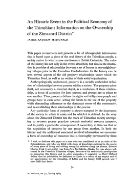 An Historic Event in the Political Economy of the Tsimshian : Information on the Ownership of the Zimacord District* JAMES ANDREW Mcdonald