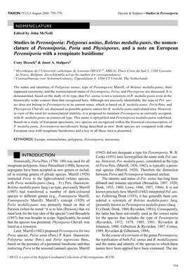 Clature of Perenniporia, Poria and Physisporus, and a Note on European Perenniporia with a Resupinate Basidiome