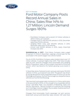 Ford Motor Company Posts Record Annual Sales in China; Sales Rise 14% to 1.27 Million; Lincoln Demand Surges 180%