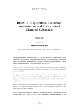REACH - Registration, Evaluation, Authorisation and Restriction of Chemical Substances