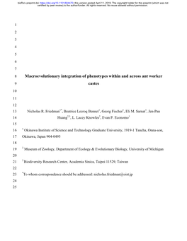 Macroevolutionary Integration of Phenotypes Within and Across Ant Worker 9 Castes 10 11 12 13 Nicholas R