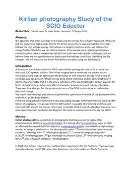 Kirlian Photography Study of the SCIO Eductor Researcher: Colonel Medic Dr