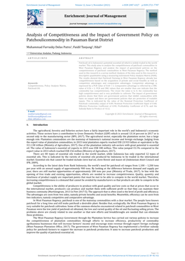 Analysis of Competitiveness and the Impact of Government Policy on Patchoulicommodity in Pasaman Barat District