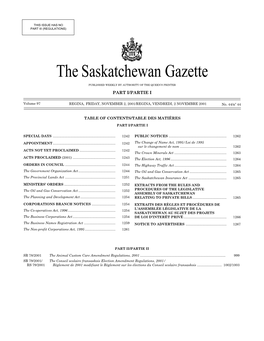 Sask Gazette, Part I, Nov 2, 2001