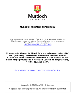 (2016) Nitrogen-Fixing Bacterial Communities in Invasive Legume Nodules and Associated Soils Are Similar Across Introduced and Native Range Populations in Australia