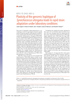 Plasticity of the Genomic Haplotype of Synechococcus Elongatus Leads to Rapid Strain Adaptation Under Laboratory Conditions Justin Ungerera, Kristen E