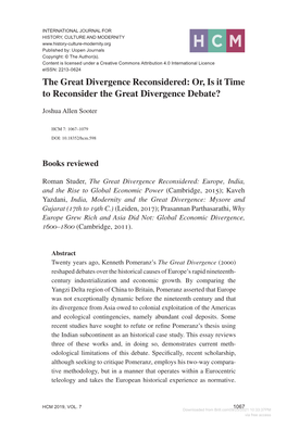 The Great Divergence Reconsidered: Or, Is It Time to Reconsider the Great Divergence Debate?
